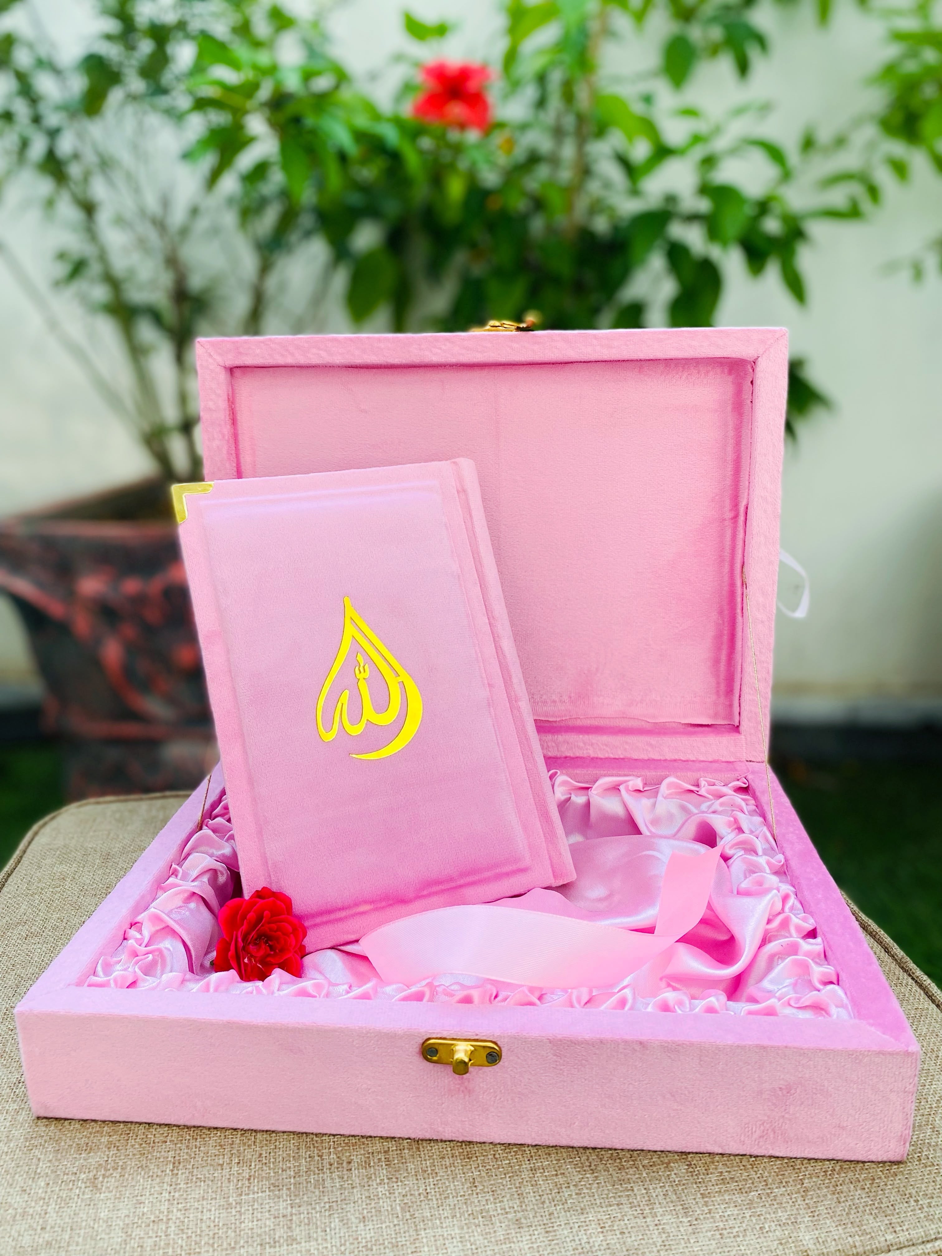Premium Pink Velvet Quran Set with Rehal Box