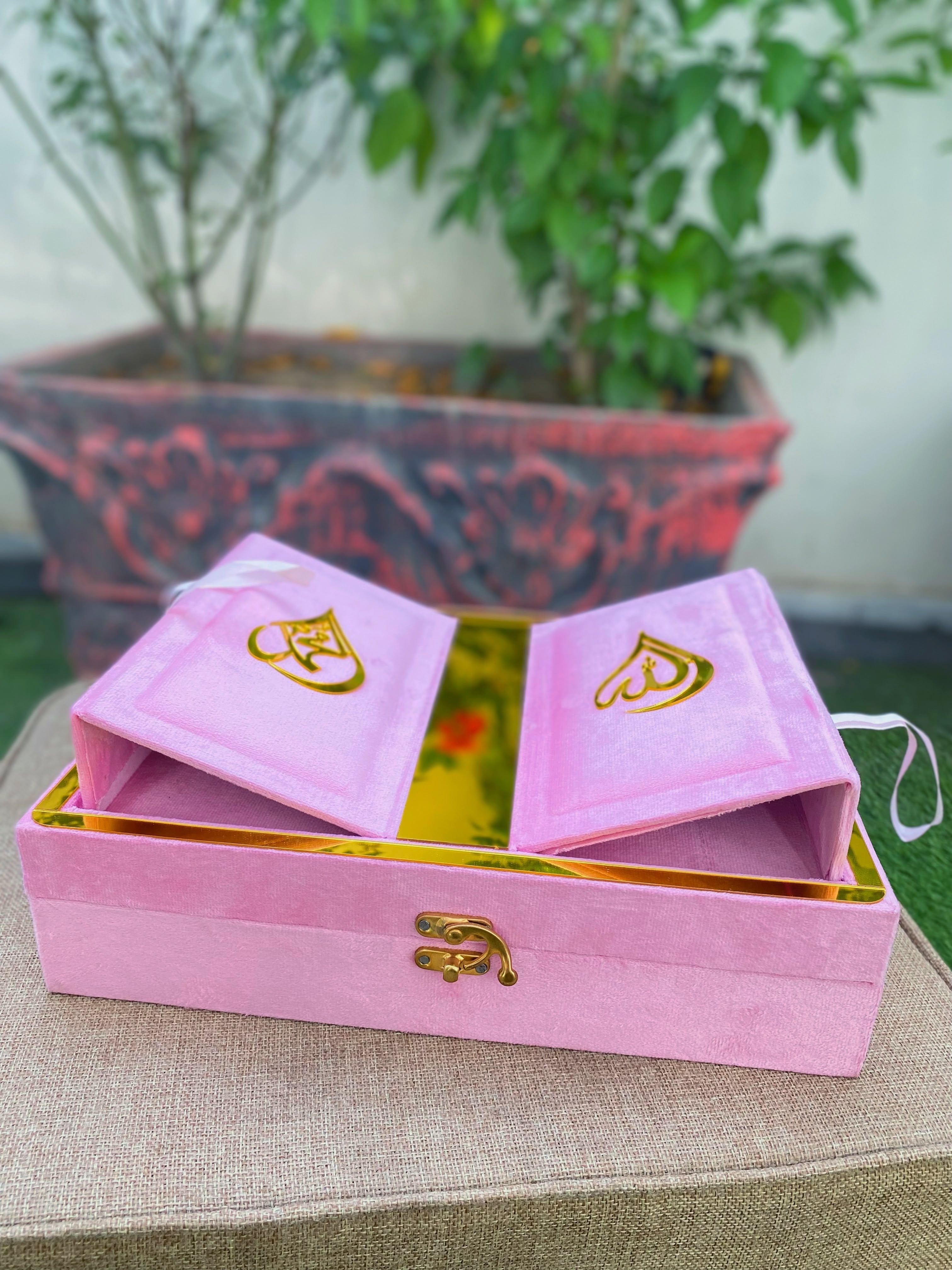 Premium Pink Velvet Quran Set with Rehal Box