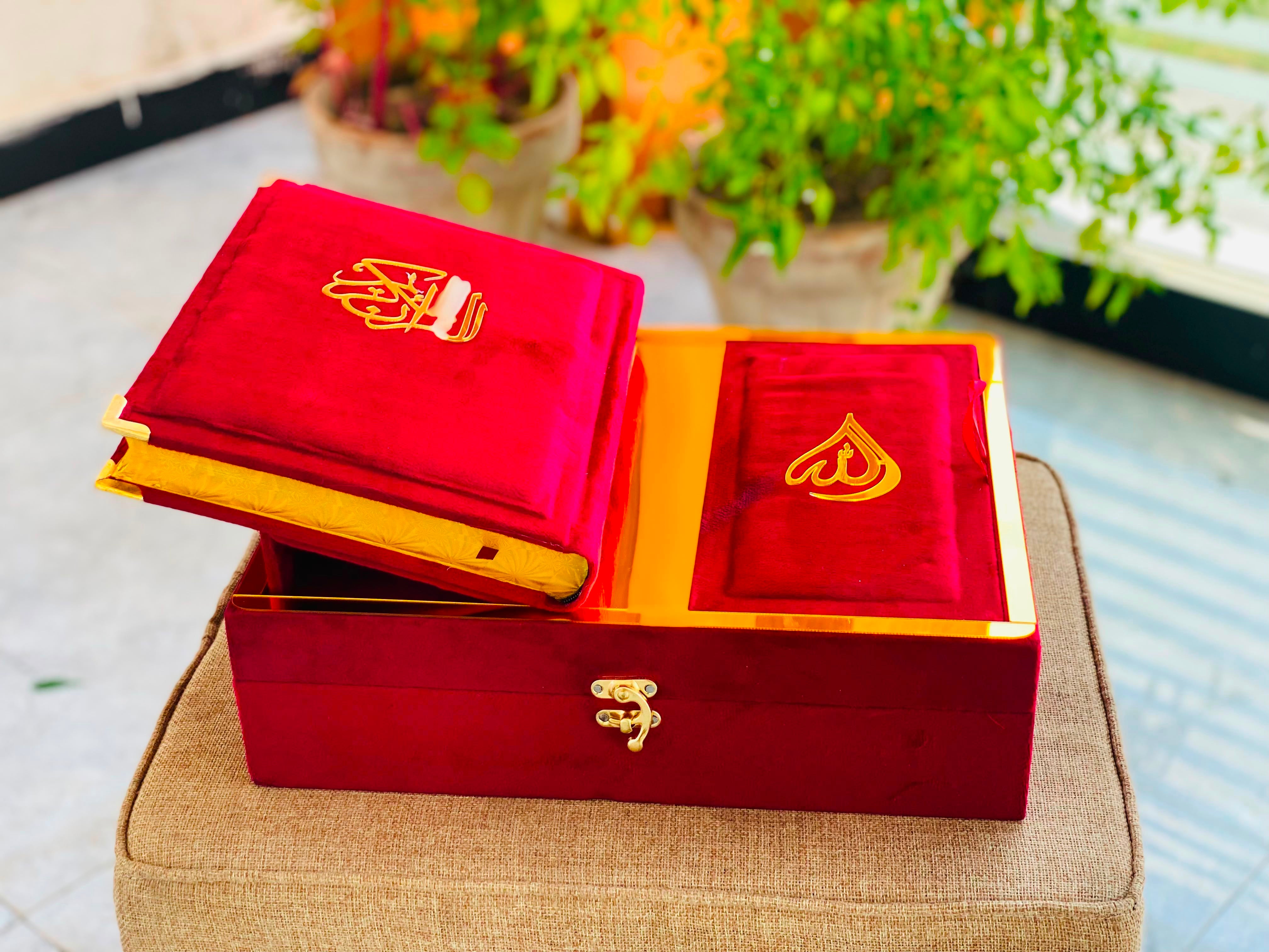 Premium Red Velvet Quran Set with Rehal Box