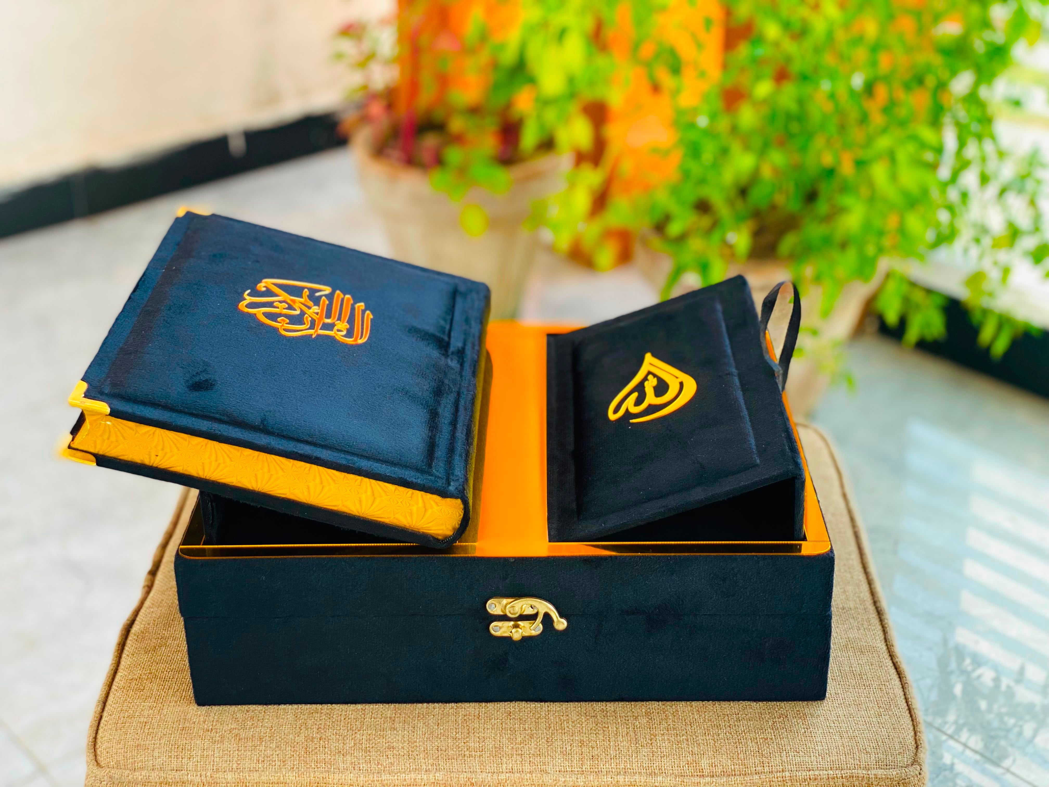 Premium Black Velvet Quran Set with Rehal Box