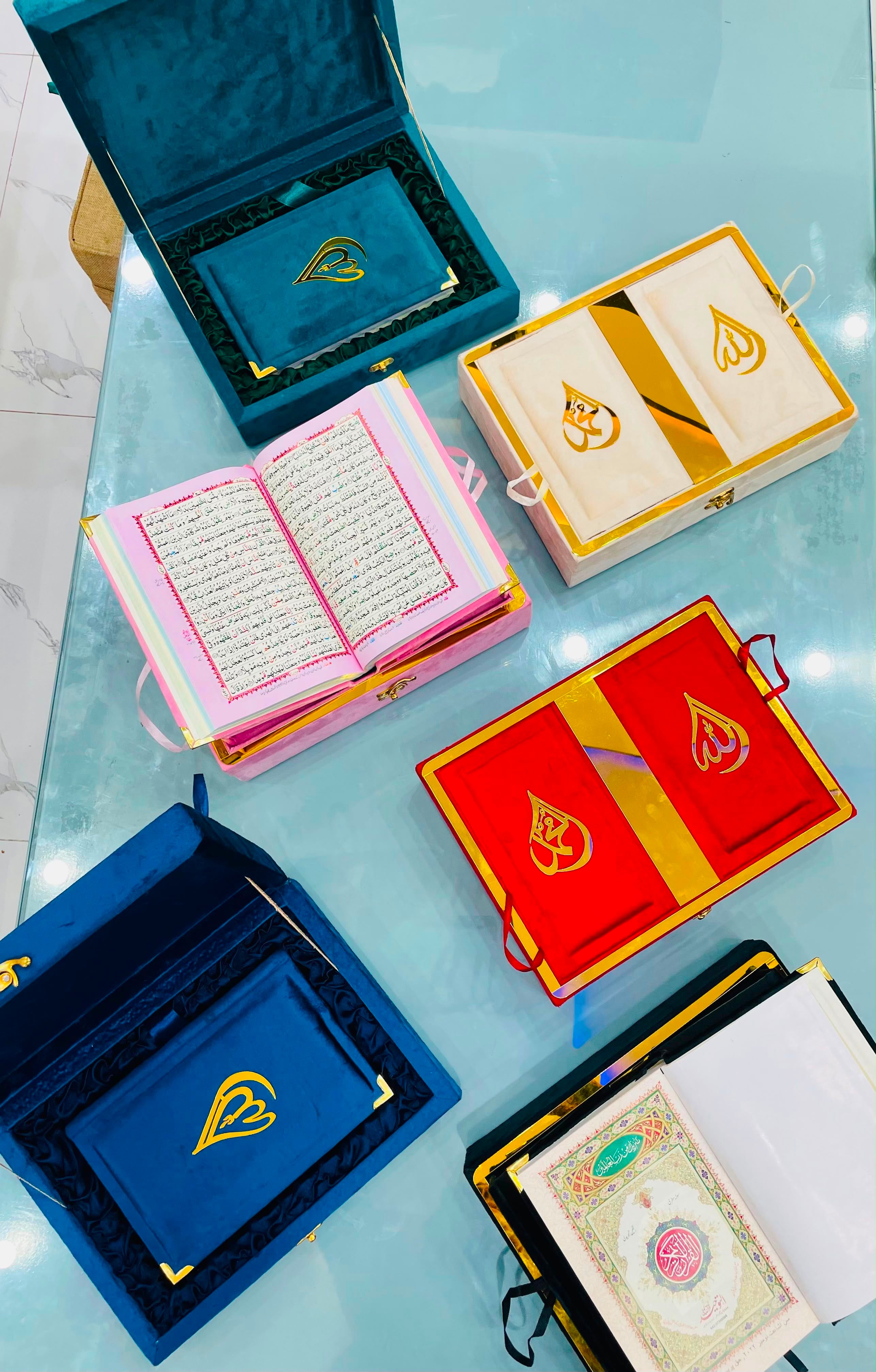 Premium Navy Blue Velvet Quran Set with Rehal Box