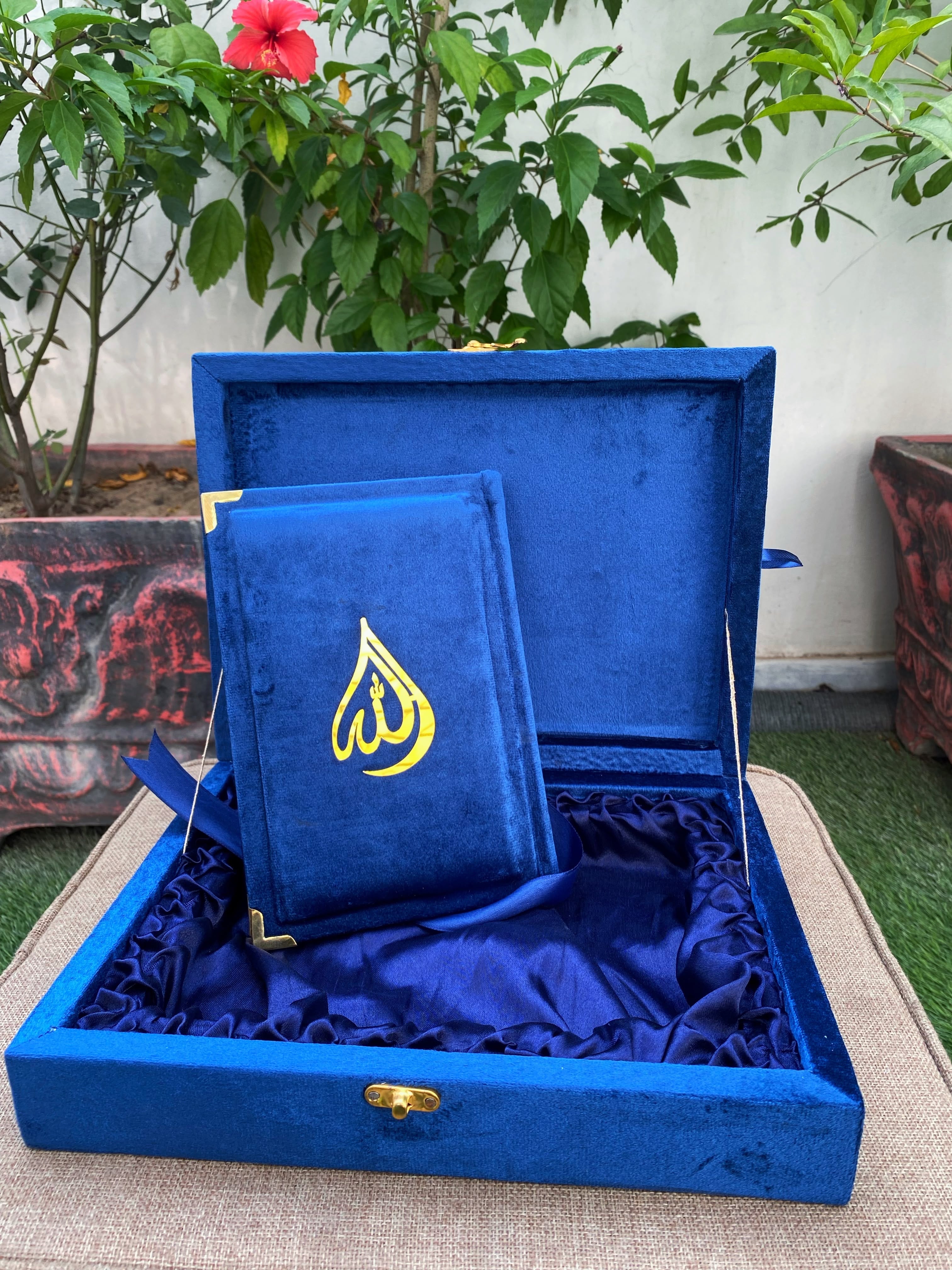 Premium Navy Blue Velvet Quran Set with Rehal Box