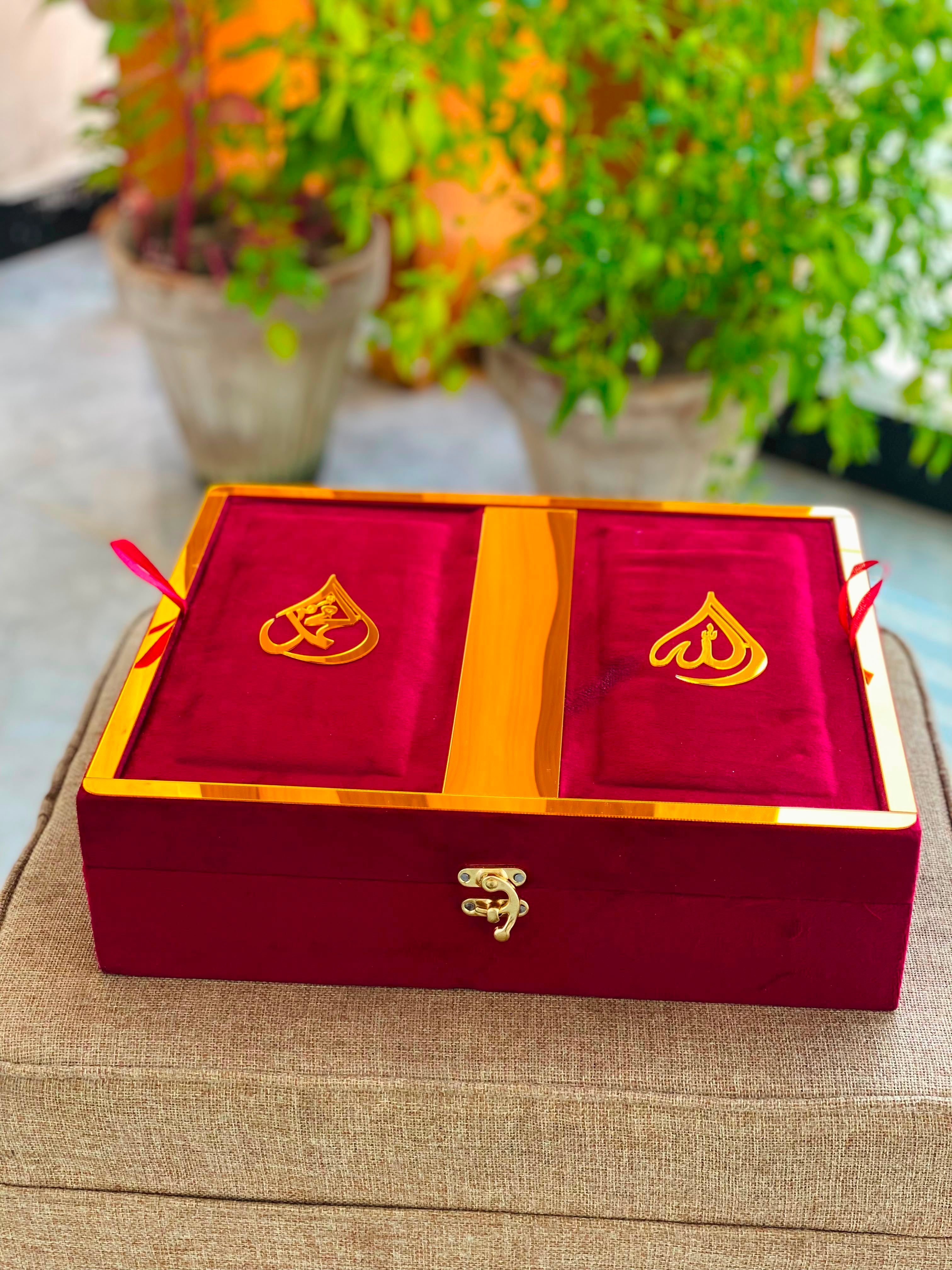 Premium Red Velvet Quran Set with Rehal Box
