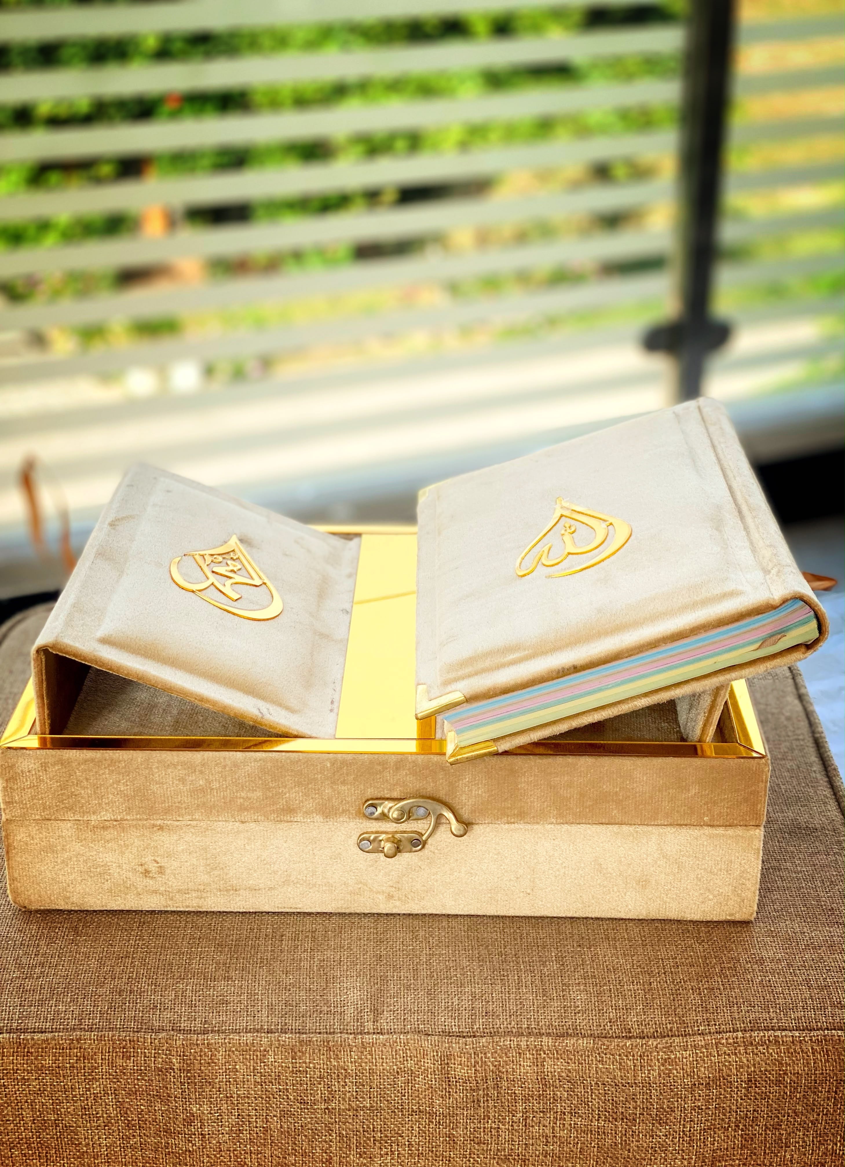 Premium Skin Velvet Quran Set with Rehal Box